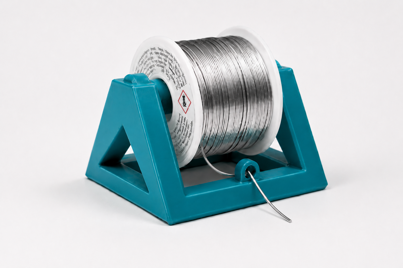 Blue 3D printed solder spool stand holding a spool of solder